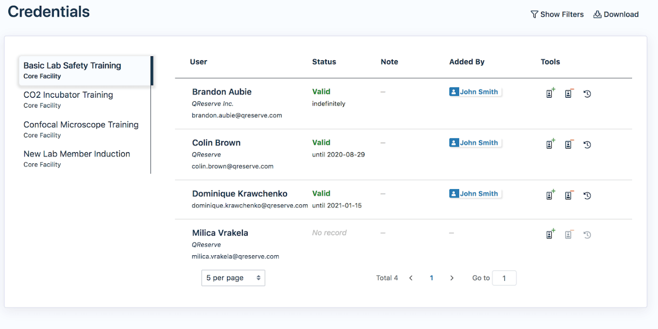 User and credential management screenshot